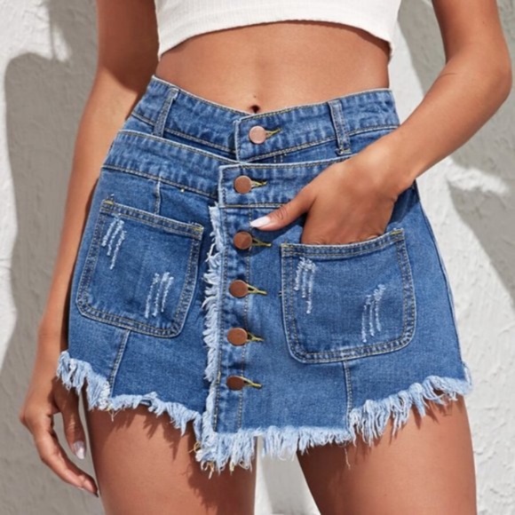 Pants - Frayed Denim Button SKorts